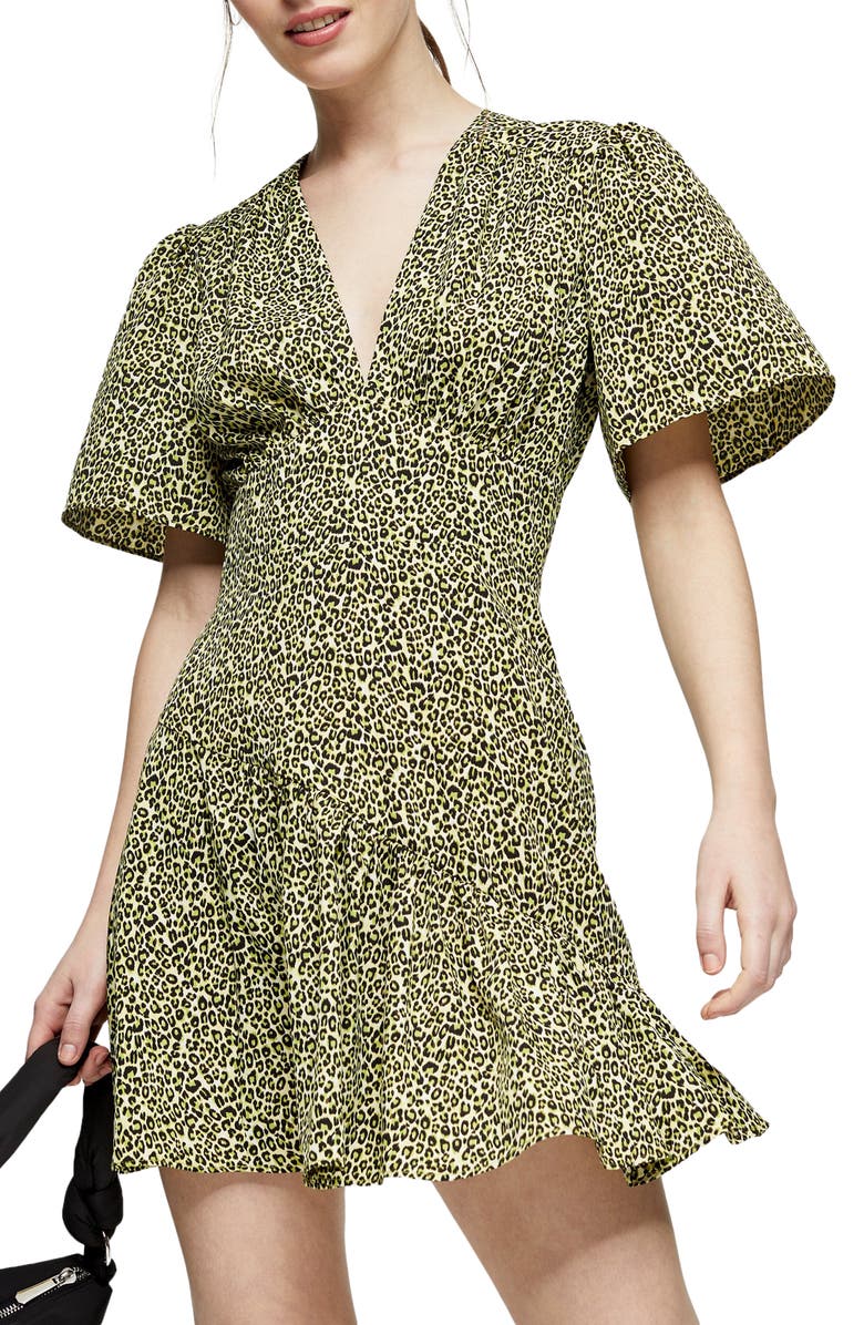Topshop Flutter Sleeve Leopard Print Minidress, Main, color, 