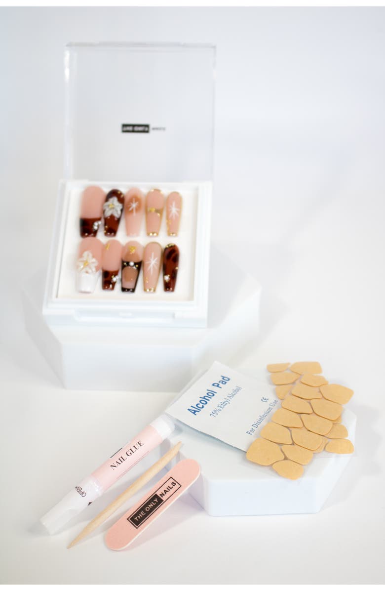 The Only Nails Brown Blossom - Coffin - Nail Set, Alternate, color, Brown, Nude, Gold