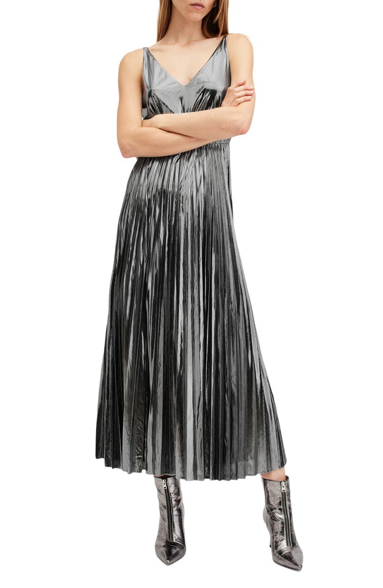AllSaints Spark Pleated Maxi Dress & Sweater Set, Alternate, color, Grey Marl/ Silver