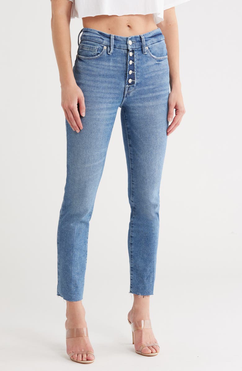Good American Good Classic Exposed Button Raw Hem Ankle Straight Leg Jeans, Main, color, 
