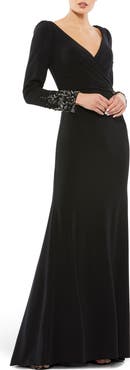 Mac Duggal Beaded Cuff Long Sleeve Wrap Over Trumpet Gown