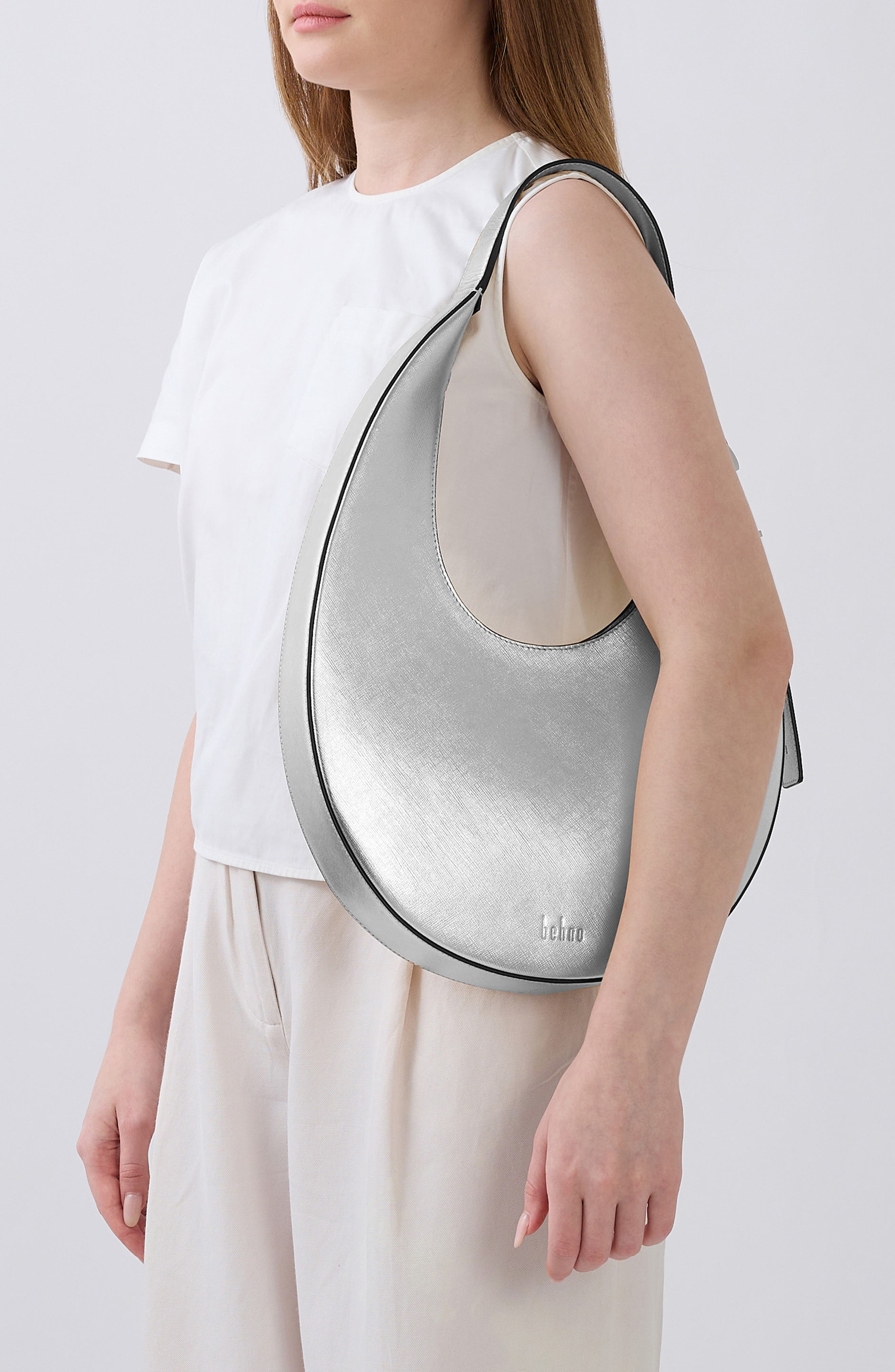 behno Medium Ina Metallic Leather Crescent Shoulder Bag, Alternate, color, Silver