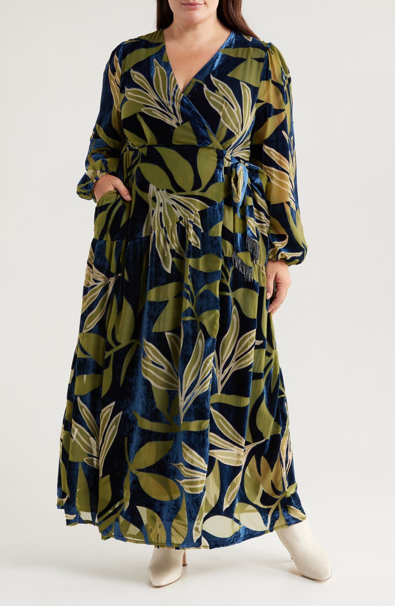 CIEBON Lilian Long Sleeve Velvet Wrap Maxi Dress, Main, color, Navy/ Green