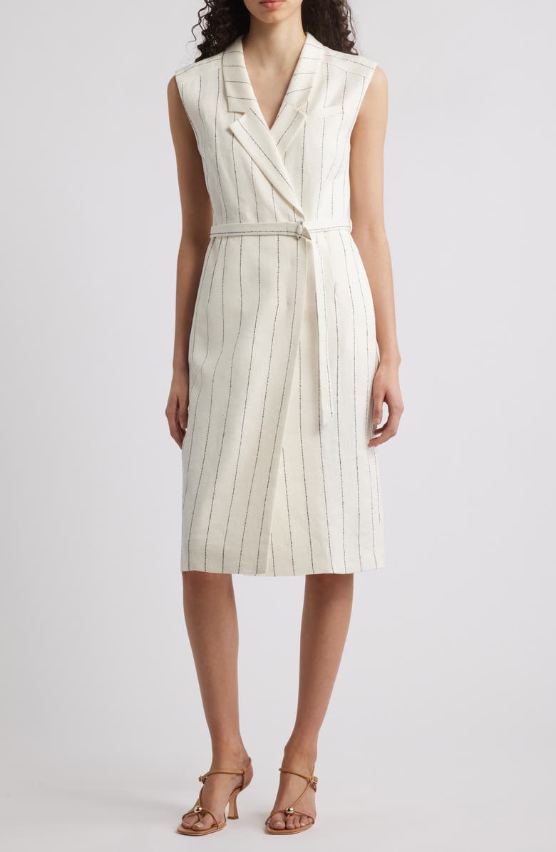 BOSS Drupe Pinstripe Linen Blend Dress, Main, color, White/ Navy Pinstripe