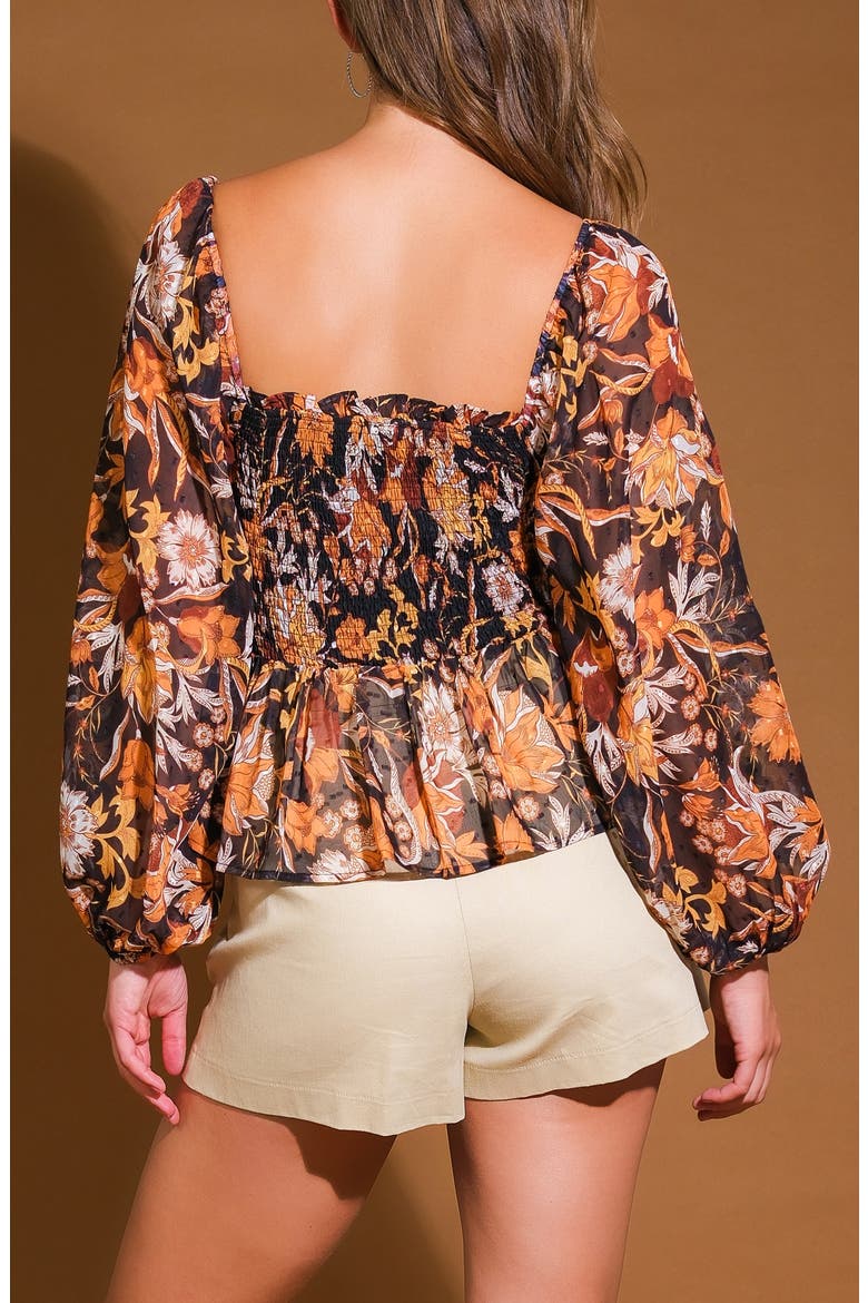 Floral Long Sleeve Peplum Top, Alternate, color, BLACK