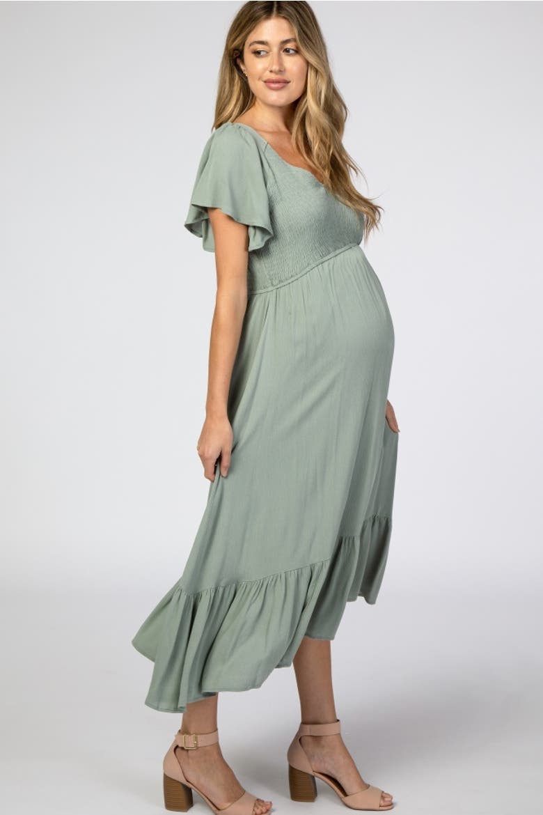 Smocked V-Neck Midi Dress, Alternate, color, Olive Green