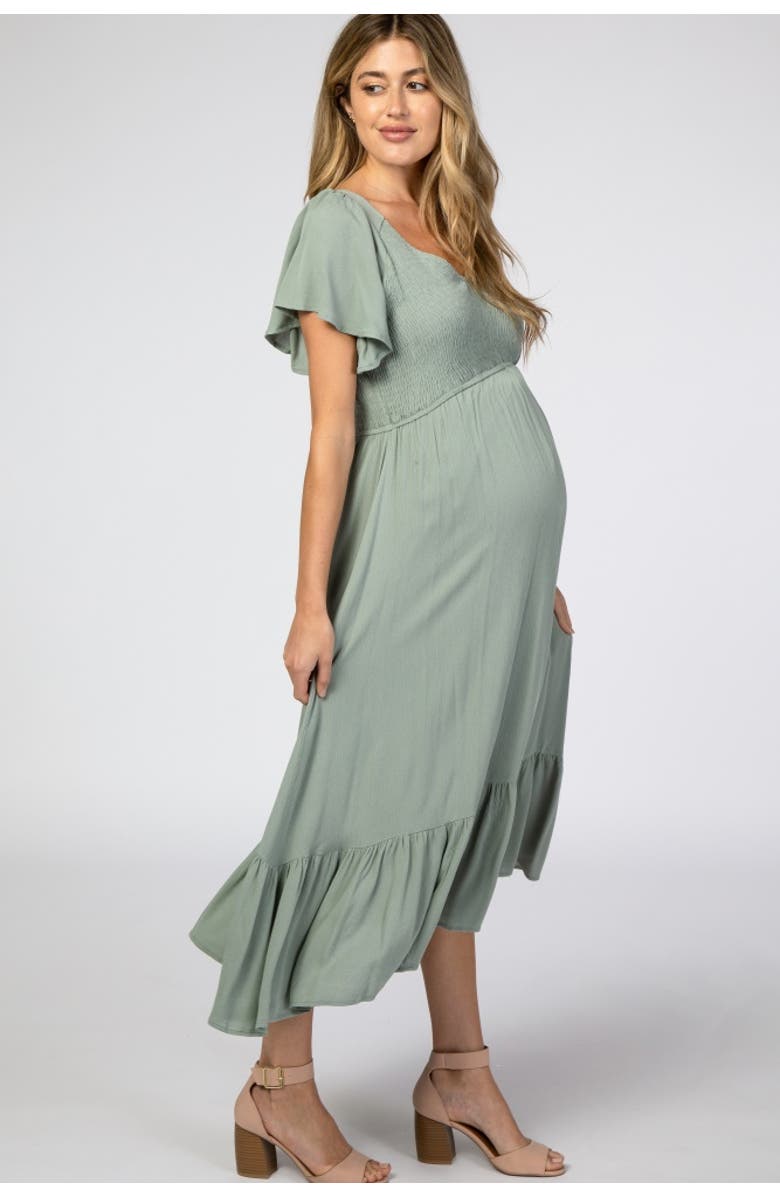 PinkBlush Smocked V-Neck Midi Dress, Alternate, color, Olive Green