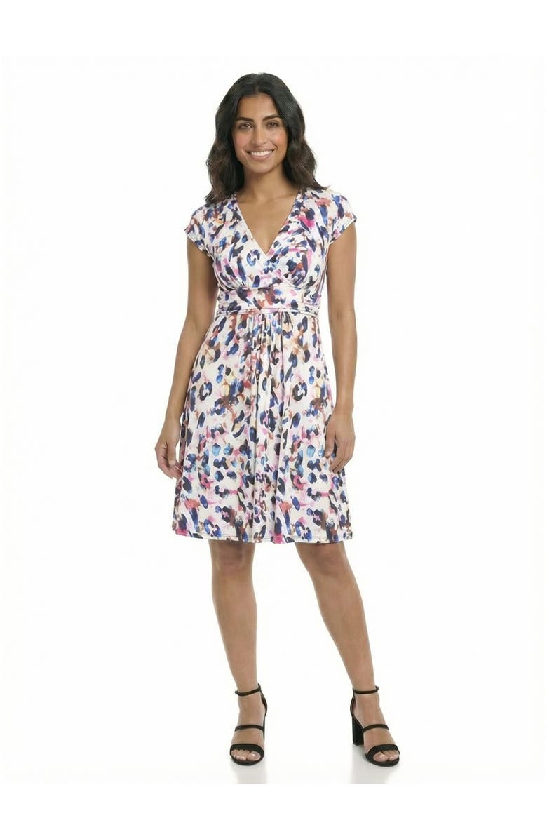 24seven Comfort Apparel Essential Petite Animal V-Neck Cap Sleeve Knee Length A-Line Pocket Dress, Main, color, White Multi
