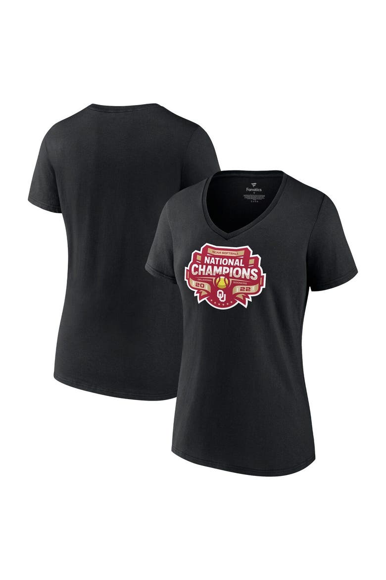 Women's Fanatics Branded Black Oklahoma Sooners 2022 NCAA Softball Women's College World Series Champions Strike V-Neck T-Shirt, Main, color, Black