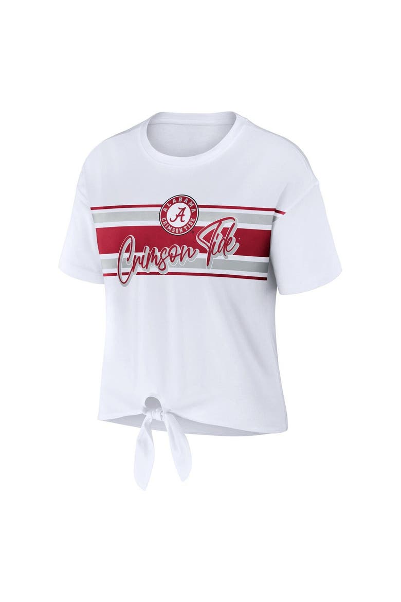 Women's WEAR by Erin Andrews White Alabama Crimson Tide Striped Front Knot Cropped T-Shirt, Alternate, color, White