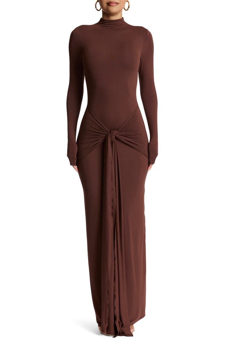 Tie Front Long Sleeve Maxi Dress, Main, color, CHOCLATE
