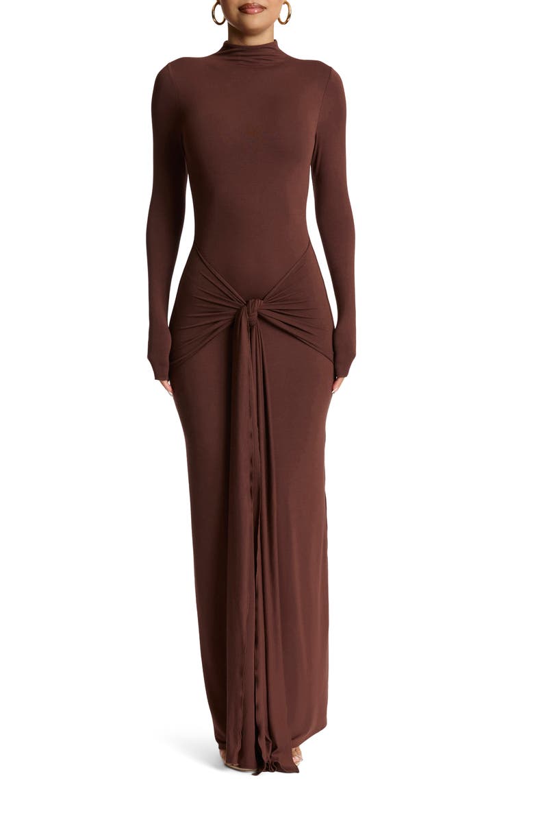 Naked Wardrobe Tie Front Long Sleeve Maxi Dress, Main, color, Choclate