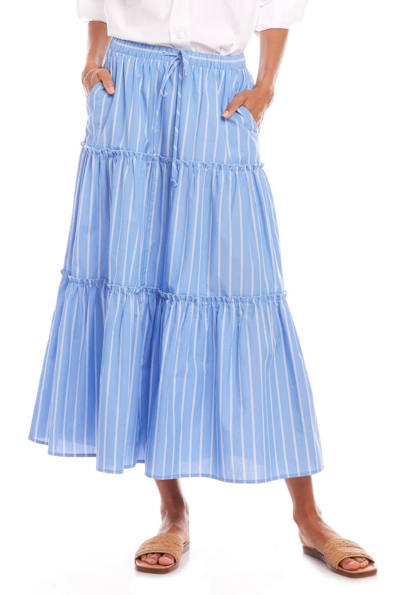 Tiered Stripe Midi Skirt, Main, color, BLUE/ WHITE STRIPE