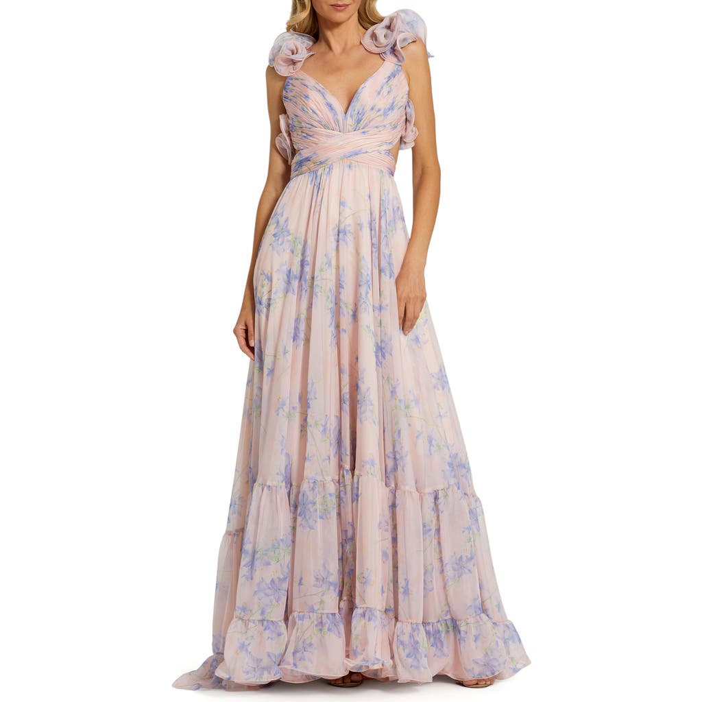 Mac Duggal 68753 Pleated Long Formal Floral A Line Prom Dress In Violet Multi