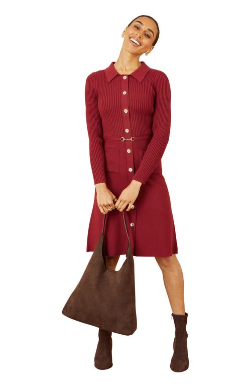 Yumi Belted Rib Knit Midi Dress With Pockets In Burgundy