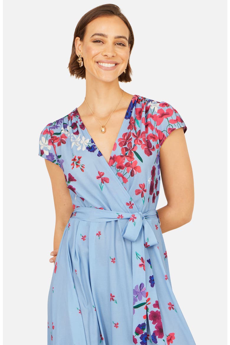 Floral Mirror Dip Hem Wrap Dress, Alternate, color, Blue