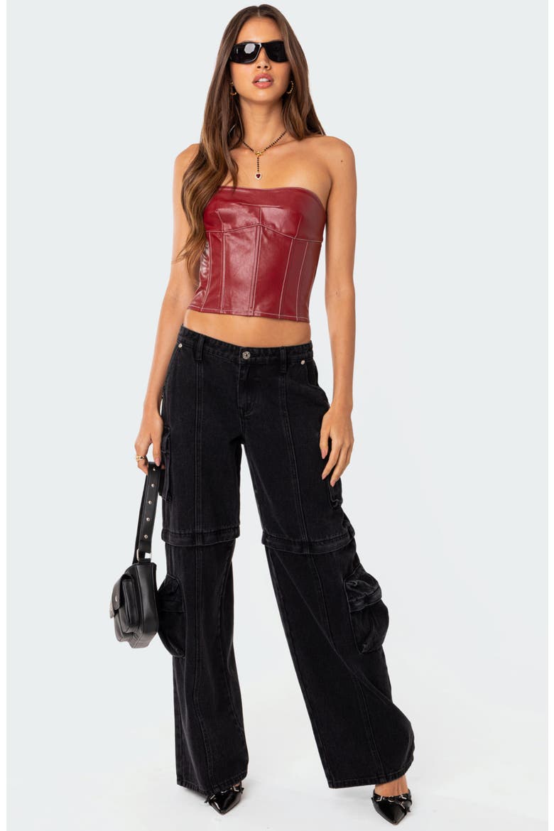 Moss Lace-Up Strapless Faux Leather Corset Top, Alternate, color, BURGUNDY