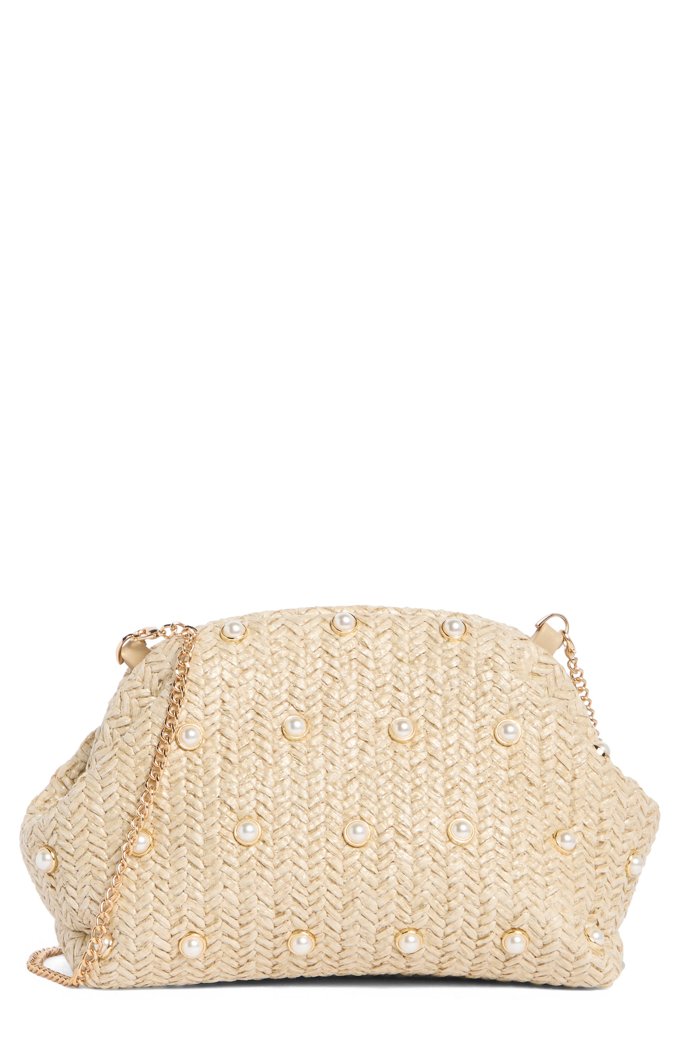 Olga Berg Kaia Studded Woven Clutch, Main, color, Natural