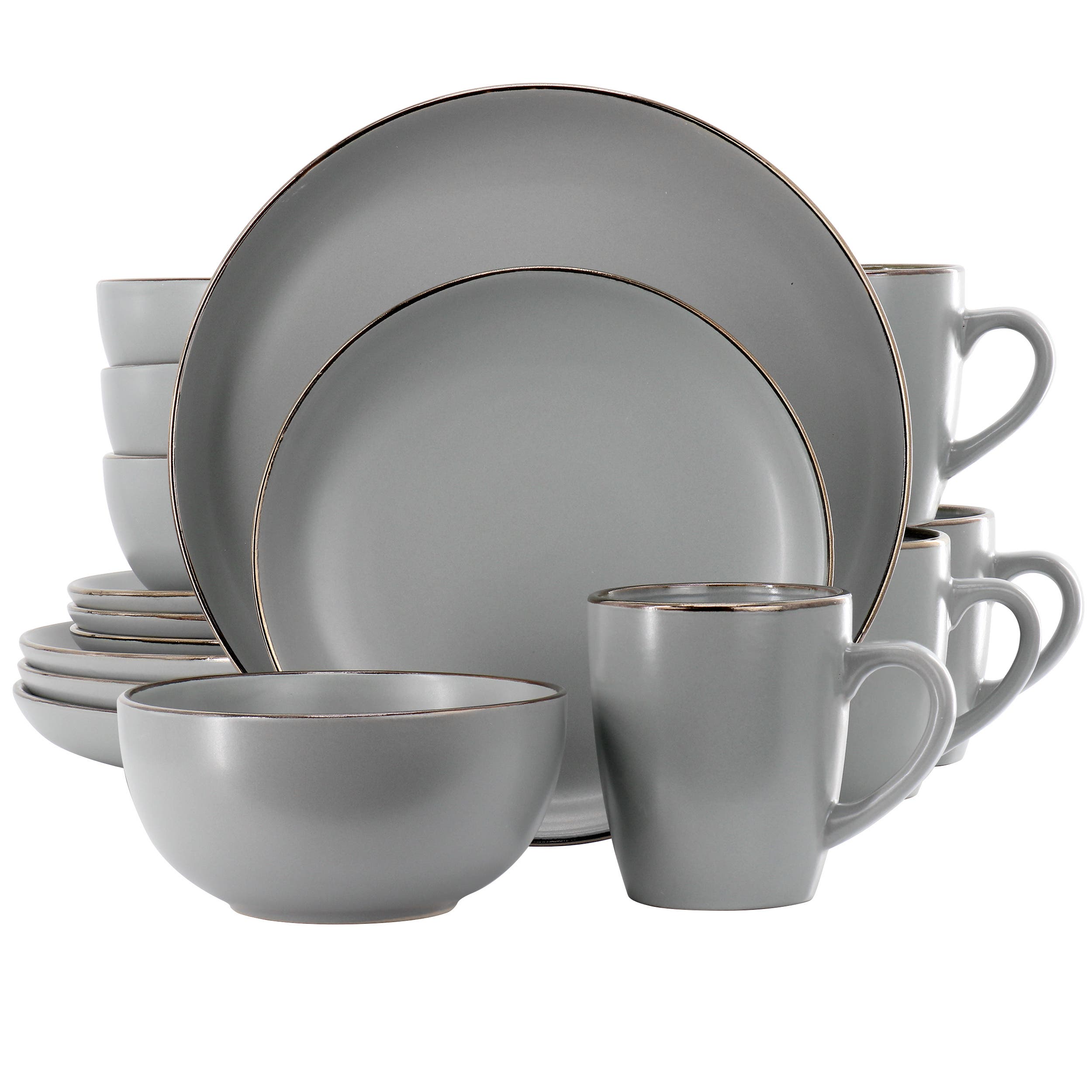 Gibson Home Rockaway 16 Piece Stoneware Gold Rimmed Dinnerware Set - Grey