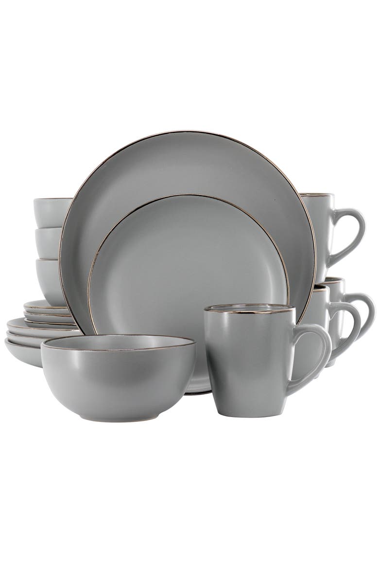 Gibson Home Rockaway 16 Piece Stoneware Gold Rimmed Dinnerware Set, Main, color, Grey
