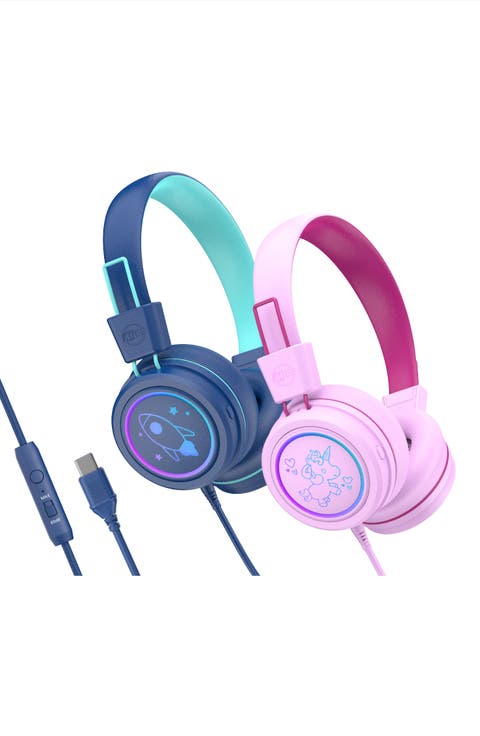 KidJamz KJ55U (2 Pack) USB-C Kid's Headphones w/ LED Lights