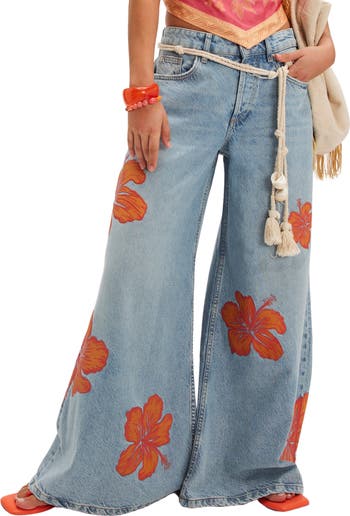 Free People Palisades Flower Power Wide Leg Jeans | Nordstrom
