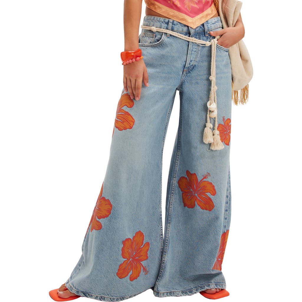Free People Palisades Wide Leg Jean In Flower Power In Blue