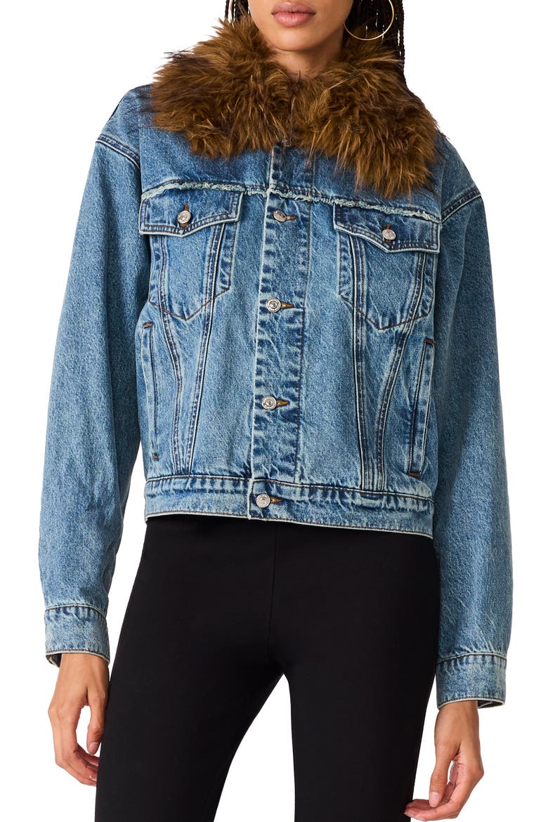 Marky Faux Fur Collar Denim Jacket, Main, color, IMPERIAL BLUE