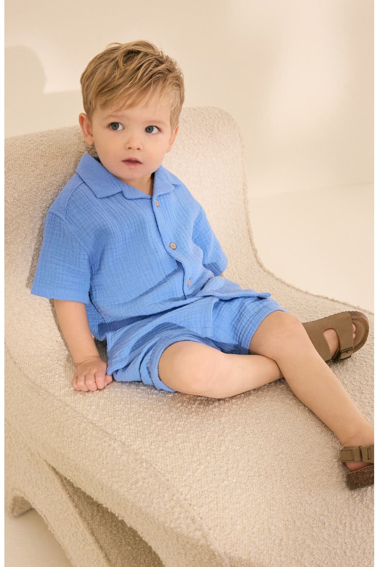 Kids' Doubleface Cotton Button-Up Shirt & Shorts Set, Alternate, color, BLUE