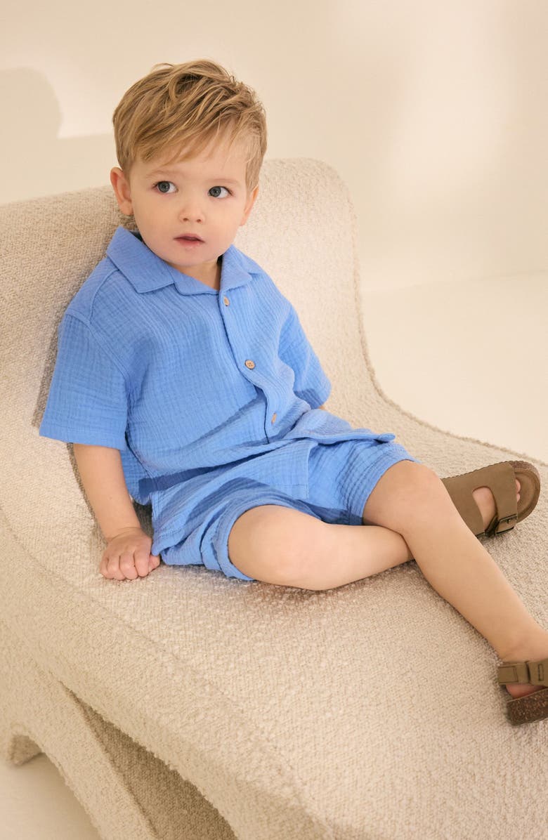 NEXT Kids' Doubleface Cotton Button-Up Shirt & Shorts Set, Alternate, color, Blue