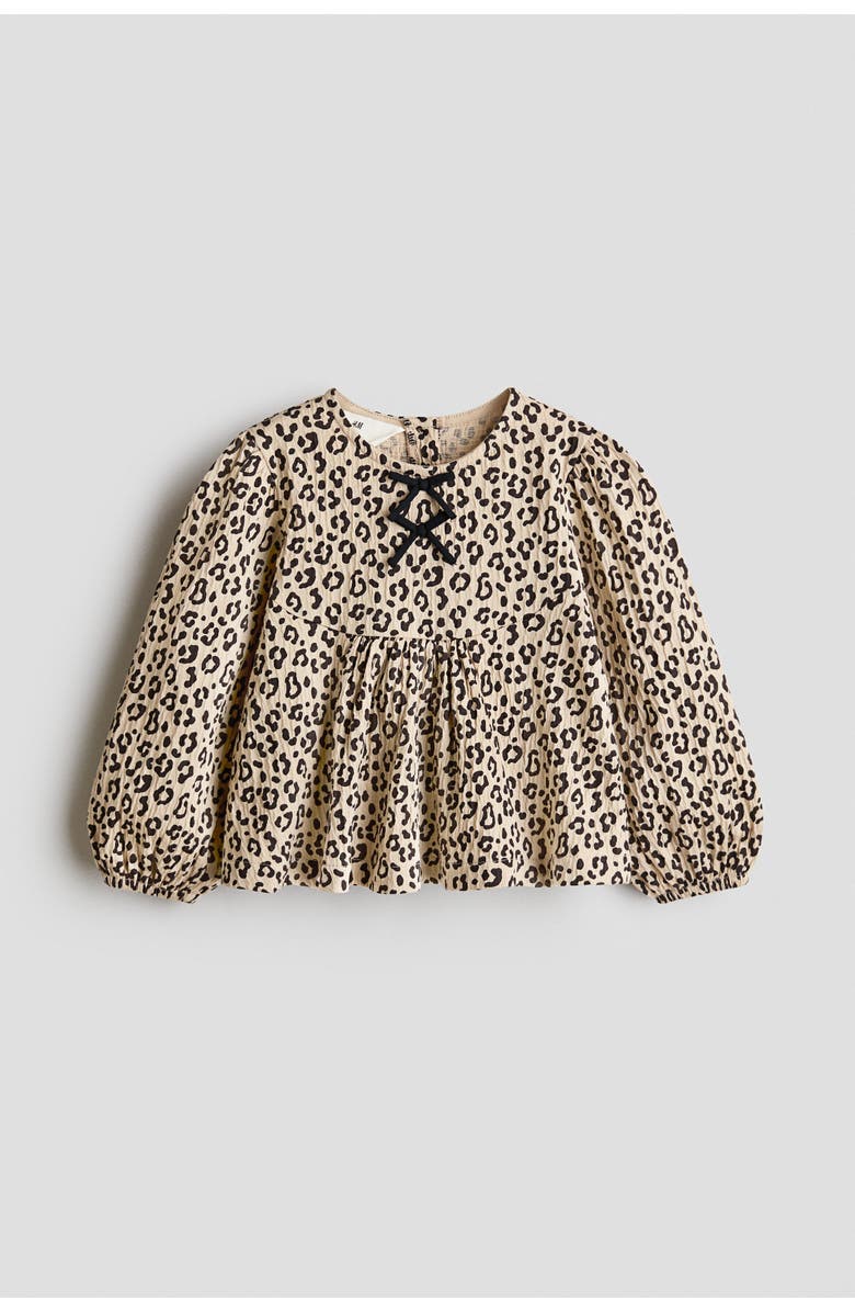 H&M Bow-detail Crinkled Blouse, Main, color, Light Beige/Leopard Print