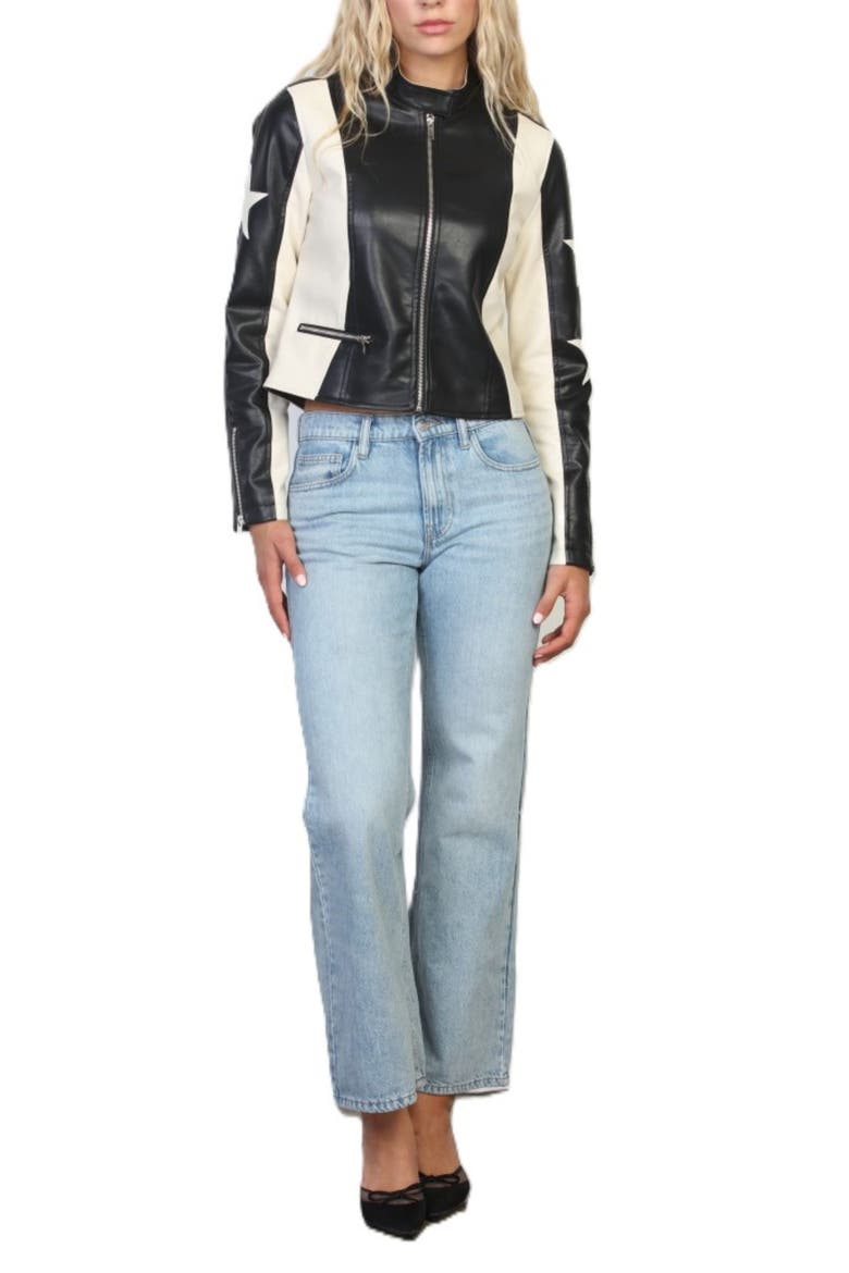 Star Faux Leather Racing Jacket, Alternate, color, BLACK/ BEIGE
