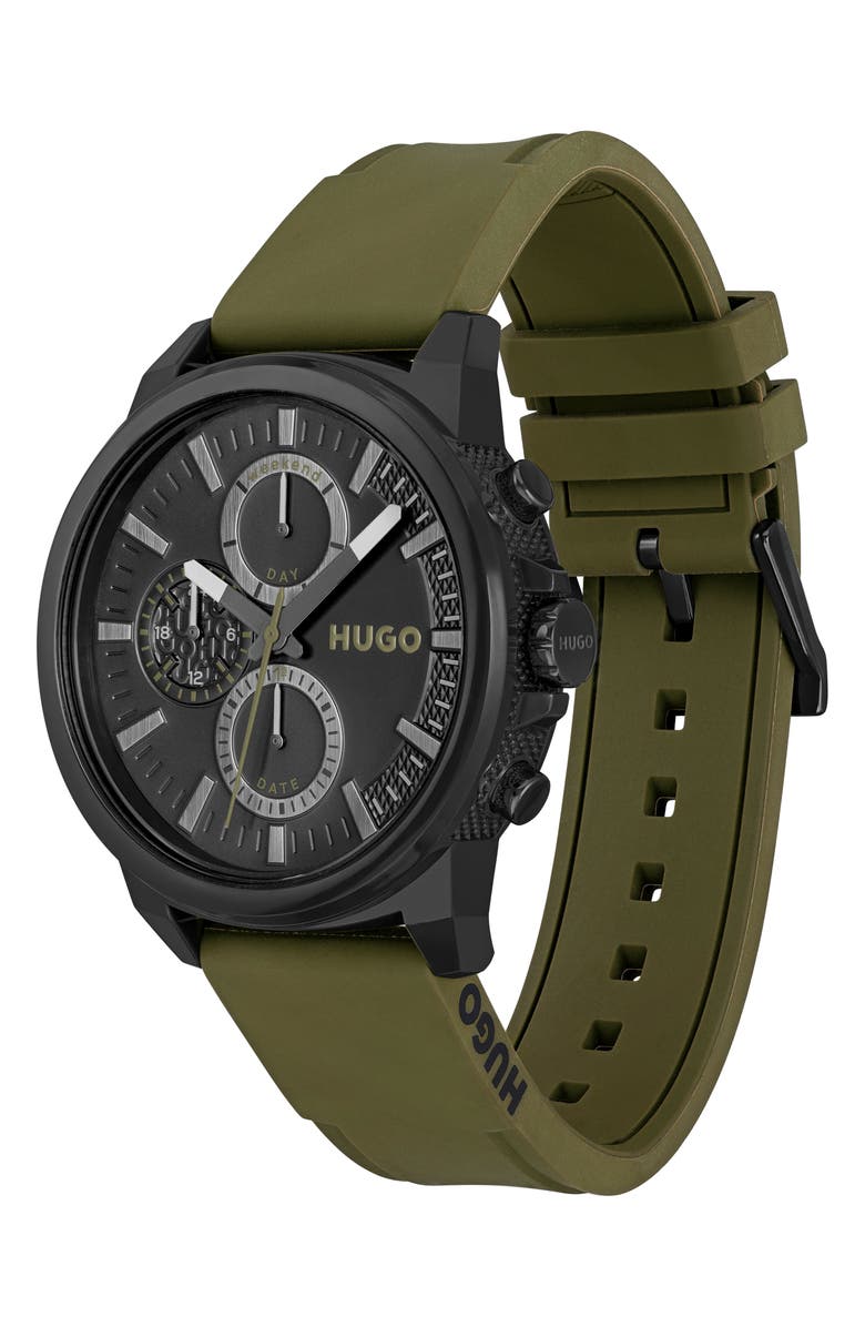 HUGO Relax Chronograph Silicone Strap Watch, 44.5mm x 11.4mm, Alternate, color, 