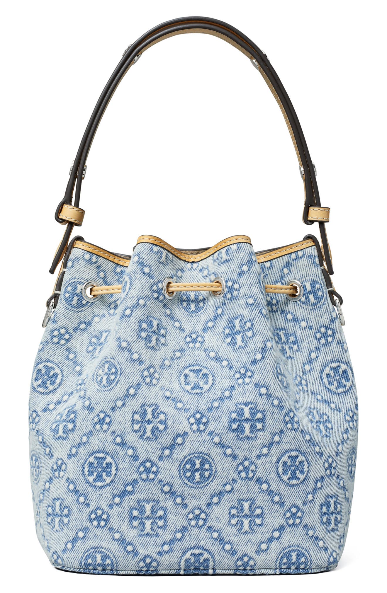 Tory Burch Mini T Monogram Denim Bucket Bag, Alternate, color, Powder Blue