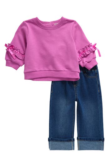 Habitual Kids Ruffle Trim French Terry Sweatshirt & Roll Cuff Knit Jeans Set In Pink