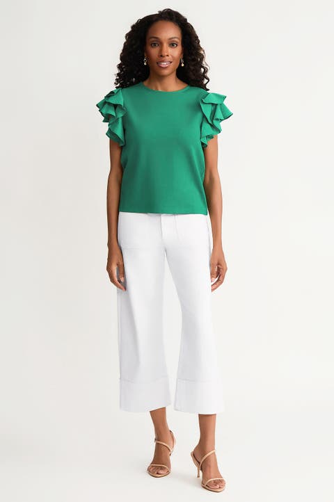 Family Savvy Flutter Sleeve Mixed-Media Top