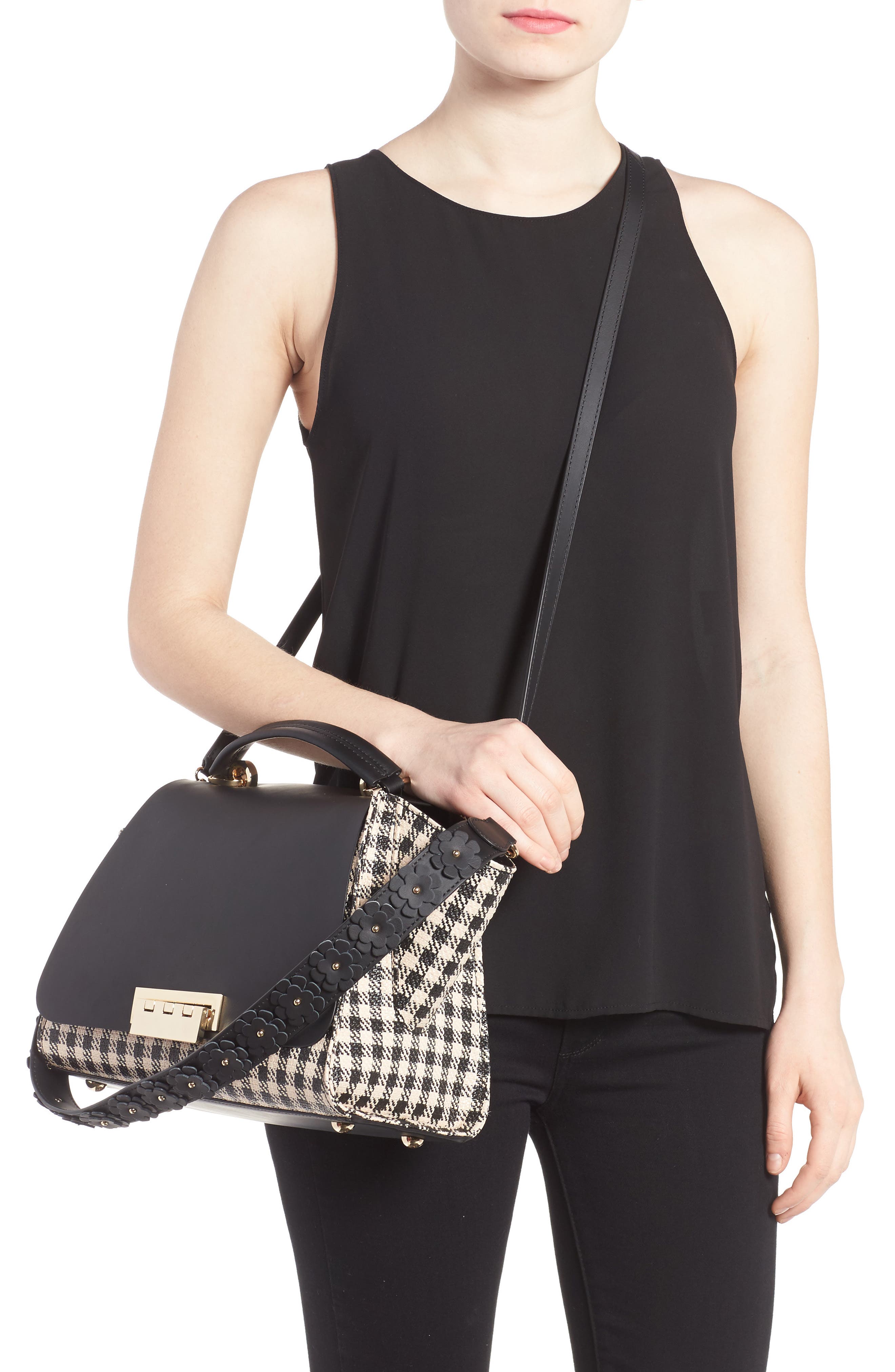 Eartha Gingham Straw Top Handle Satchel with Flower Guitar Strap, Alternate, color, BLACK GINGHAM