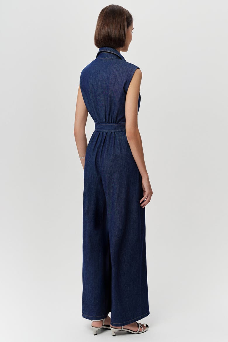 Keith Sleeveless Front Zipper Belted Denim Jumpsuit, Alternate, color, Blue