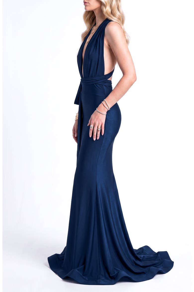 Plunging V-Neck Tie-Waist Mermaid Evening Gown, Alternate, color, Navy