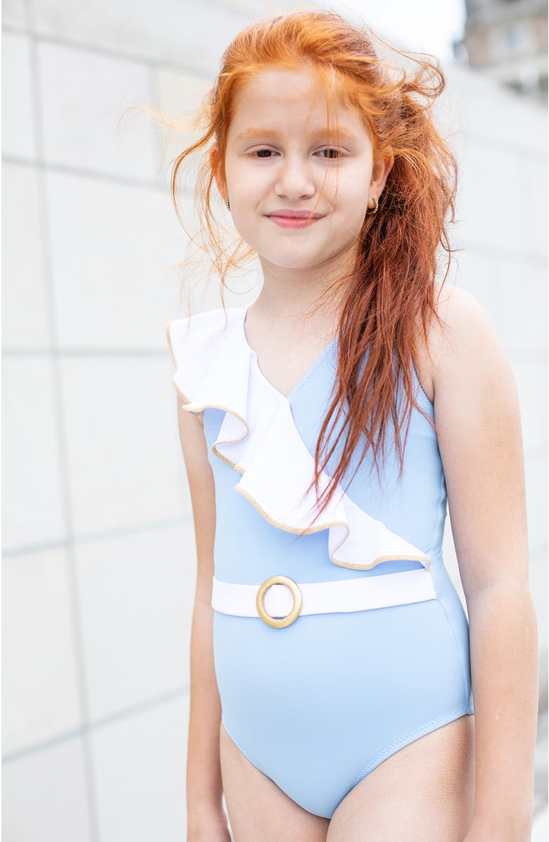 NESSI BYRD Asymmetric Ruffle Gold Piping and Ring Buckle One-Piece Swimsuit, Alternate, color, Blue