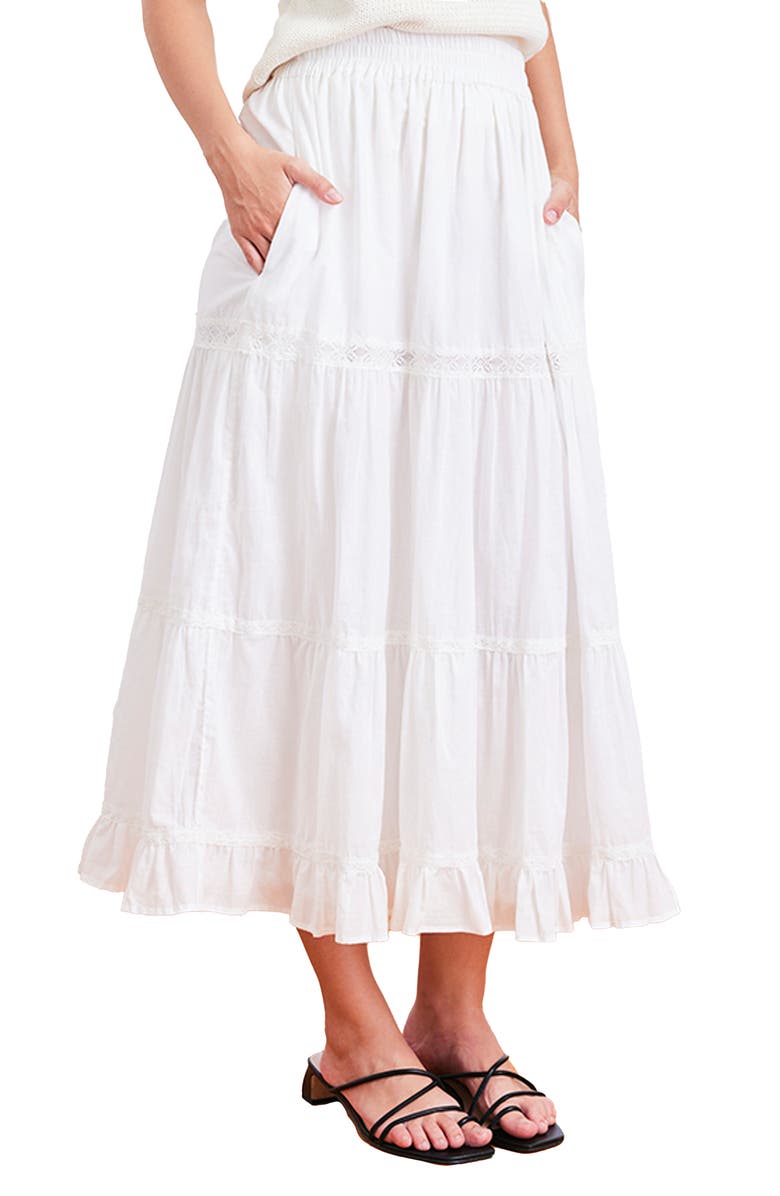 Paneros Clothing Colette Lace Inset Tiered Midi Skirt, Alternate, color, Off White