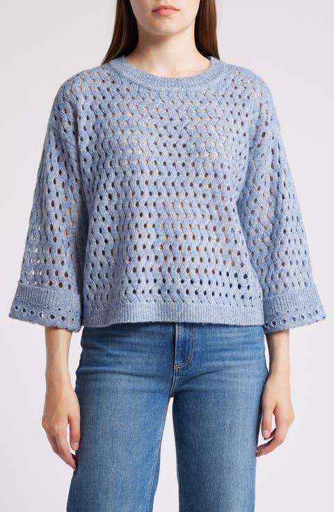 Open Stitch Three-Quarter Sleeve Crewneck Sweater