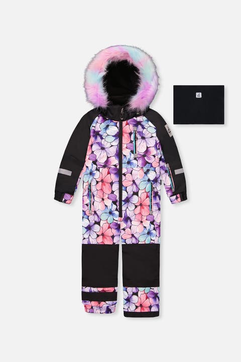 Play Floral Faux Fur Hood & Expandable Sleeve One Piece Snowsuit