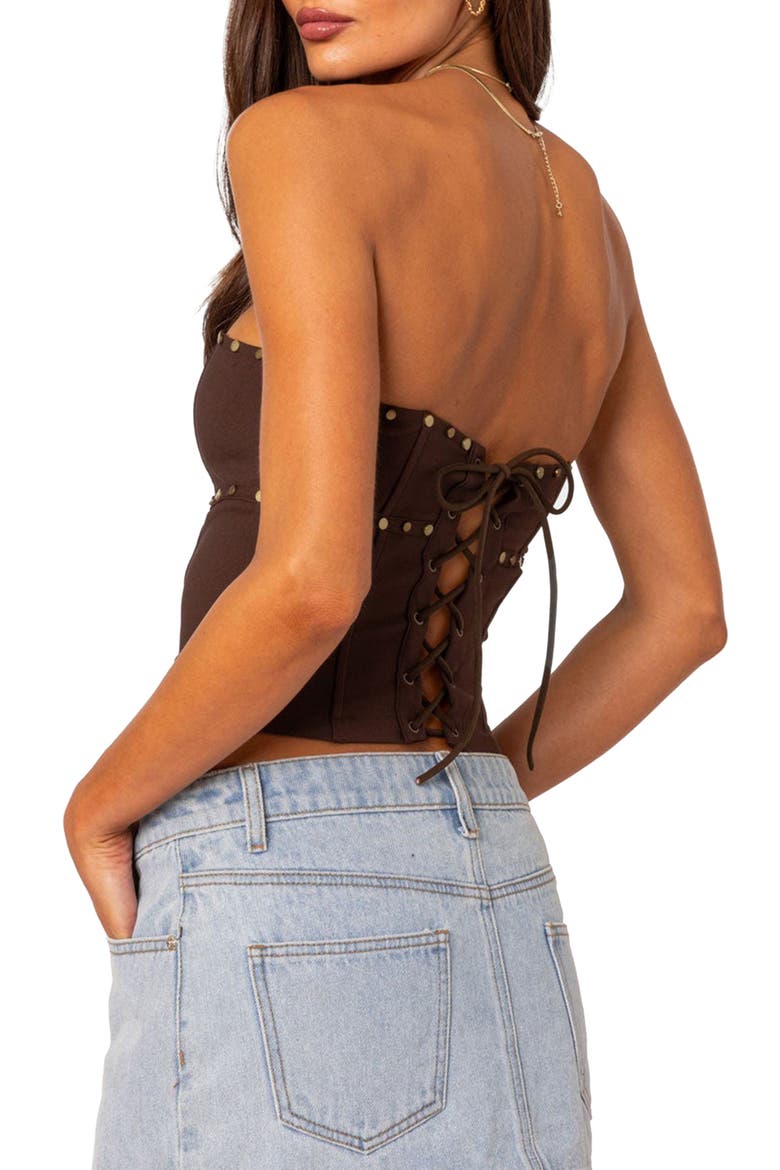 Darcy Stud Lace Up Crop Corset Top, Alternate, color, BROWN