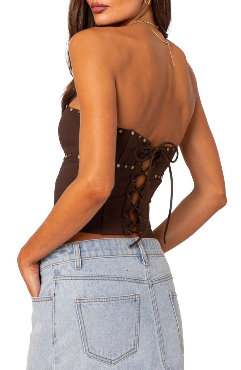 EDIKTED Darcy Stud Lace Up Crop Corset Top, Alternate, color, Brown
