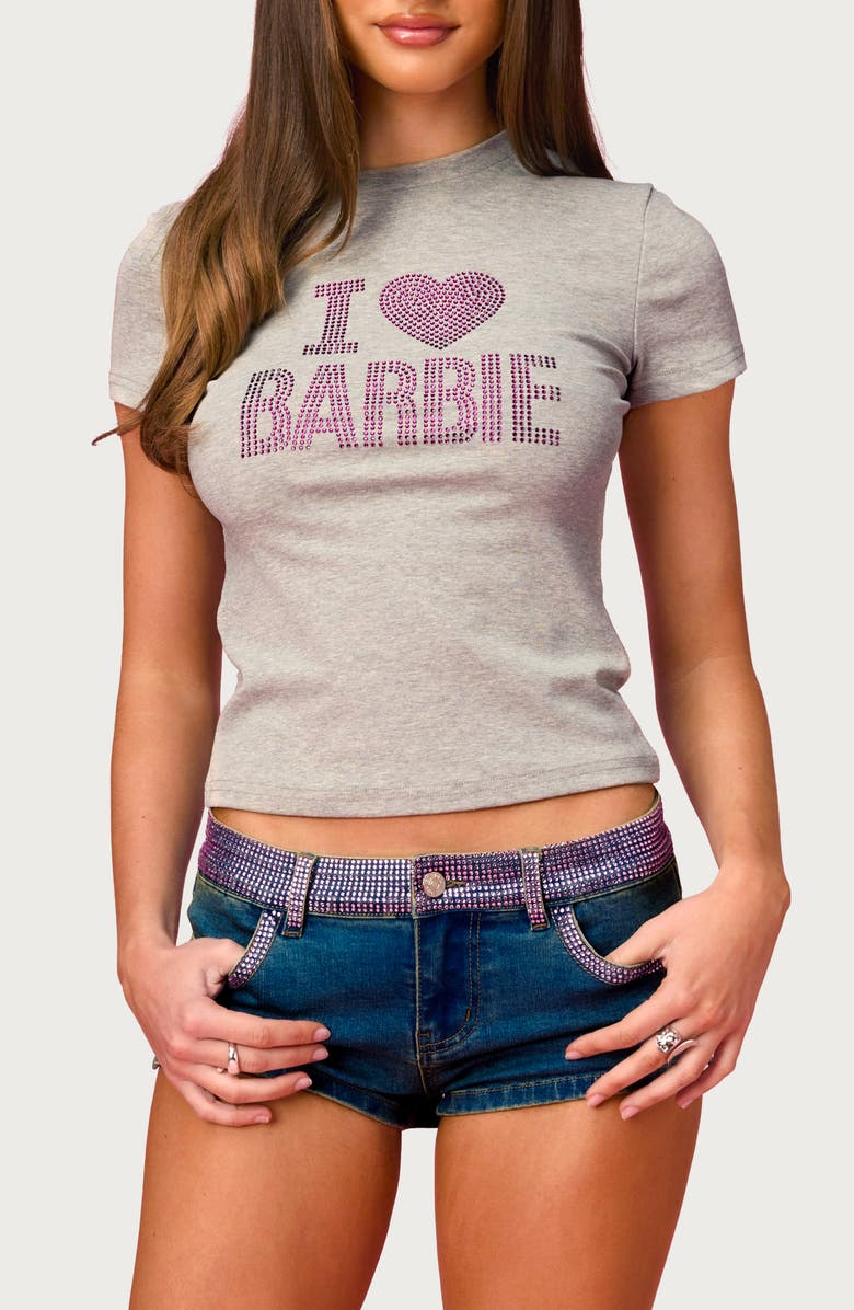 EDIKTED x Barbie<sup>®</sup> I Love Barbie Embellished Baby Tee, Main, color,