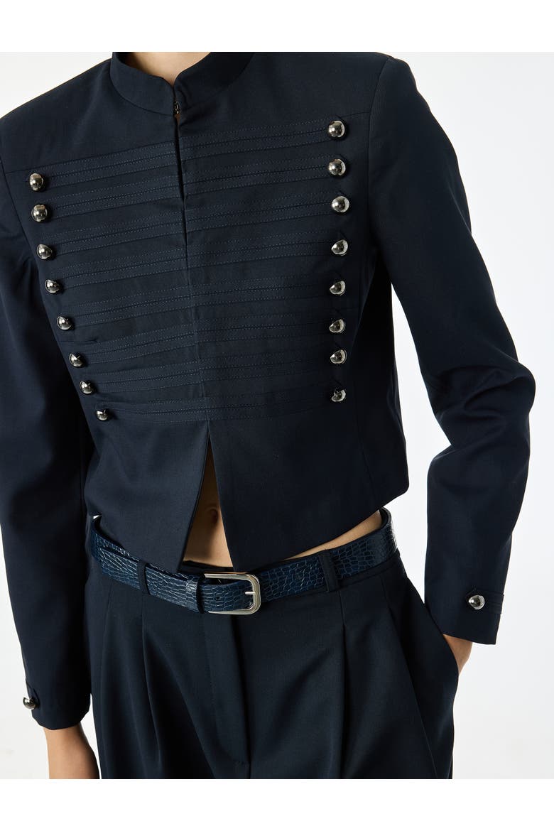 Manadarin Collar Long Sleeve Napoleon Jacket with Button Detail, Alternate, color, NAVY