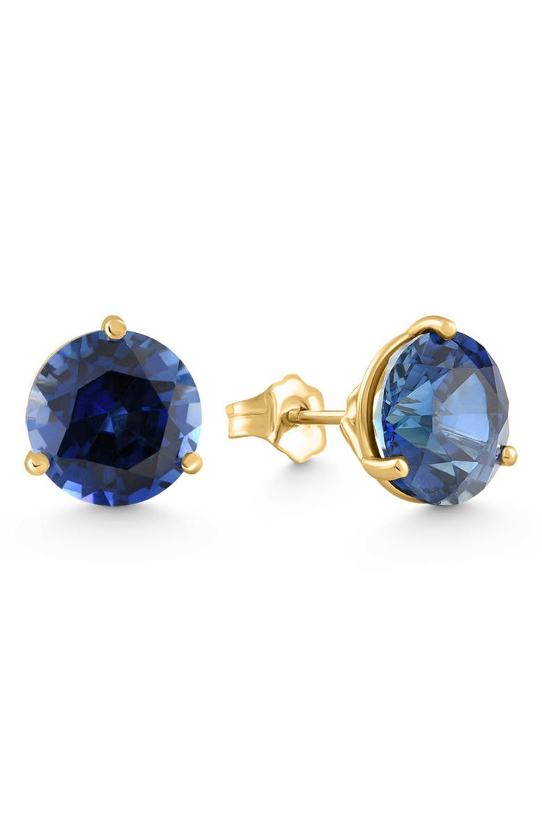 7Ct Round Blue Sapphire Studs 9mm Women's 14k Earring 3 Prong Martini Lab Grown, Main, color, Yellow Gold