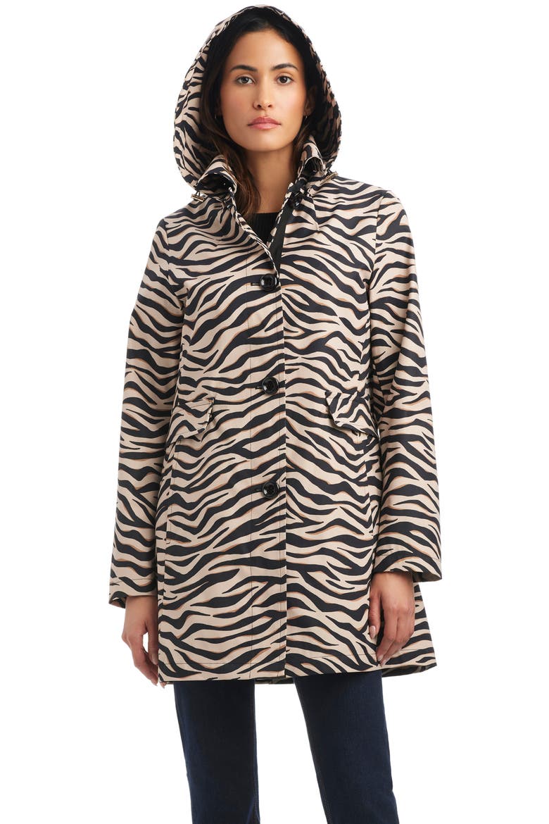 hooded water resistant a-line trench coat, Alternate, color, BOLD ZEBRA