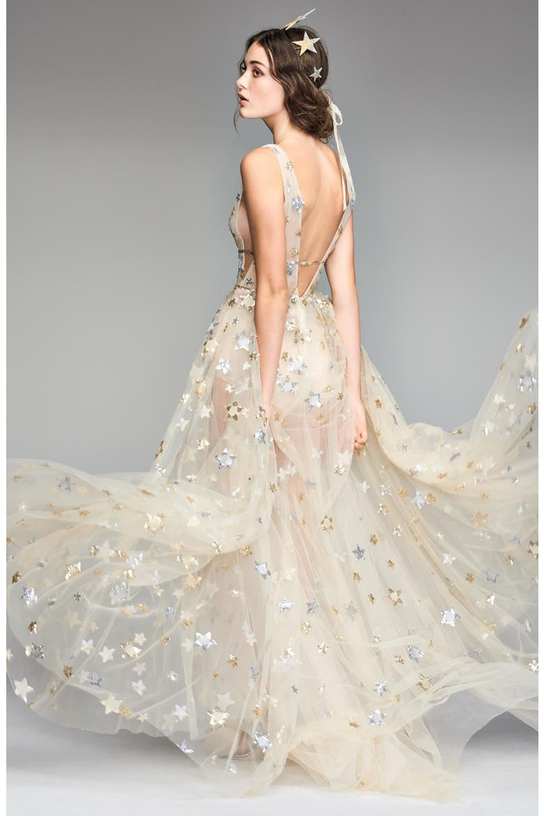 Orion Tulle & Charmeuse Plunging A-Line Gown, Alternate, color, SOFT GOLD